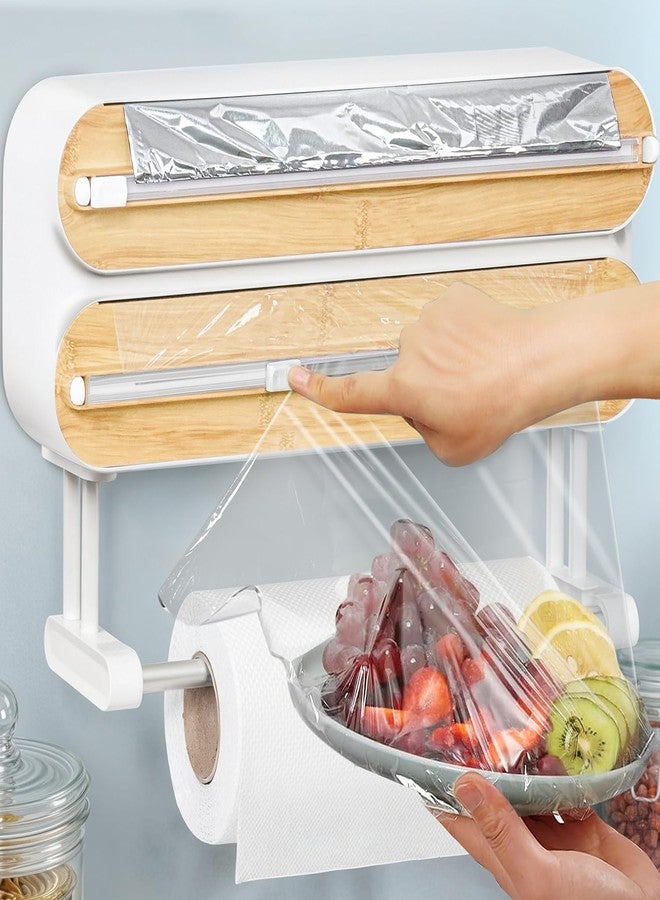 ABOUT SPACE موزع غلاف مغناطيسي مع قاطع من ABOUT SPACE - حامل غلاف مثبت على الحائط 4 في 1 مع قاطع وحامل تخزين لفافة مناديل مطبخ، موزع غلاف بلاستيكي/لاصق - خيزران (طول 35.5 × عرض 8 × ارتفاع 21 سم) - Image 1